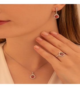 Kadın Gümüş Set - Oval Model Yakut Taşlı Zirkon Süslemeli Rodyumlu Kadın Set