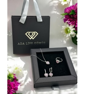 925 Ayar Gümüş Pırlanta Kalp Model Pembe Taşlı 3 lü Set Kolye Küpe Yüzük (ÇANTALI KUTULU)