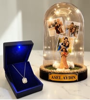 Kişiye Özel 3 Fotoğraflı Yazılı LED Fanus(şans melekli) ve 925 Ayar Gümüş Gold Baget Kolye