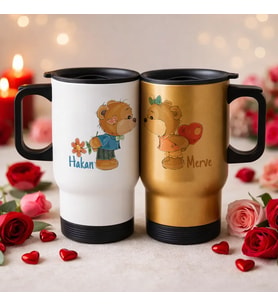 BK Gift Kişiye Özel Sevgili Çift Tasarımlı 2’li Kulplu Beyaz&Gold Çelik Termos Mug 450 ml -19, Sevgiliye Hediye, Sevgililer Günü Hediyesi
