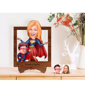 BK Gift Kişiye Özel Anneler Günü Temalı Süper Anne ve Çocuk Karikatürlü Ahşap Standlı 3D Biblo-1 (Beyaz)