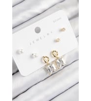 Pirinç Zirkon Taşlı Sallantılı Kare Model Gold Renk 925 Ayar Gümüş Çivi Kadın Küpe Set - TJ-BKP11162
