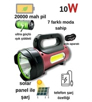 10w Uzun Menzilli Solar Panelli Powerbank Usb Çıkış S.o.s Lu Ultra Güçlü Ledli Şarjlı Feneri