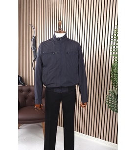 Jan Carlucci Slimfit Beli Lastikli Lacivert Yazlık İnce Mont