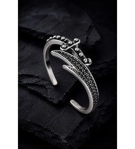 Erkek Kadın Siyah Taşlı Çelik Bileklik Zirkon Detaylı Modern Açık Kelepçe Zülfikar Kılıcı Model