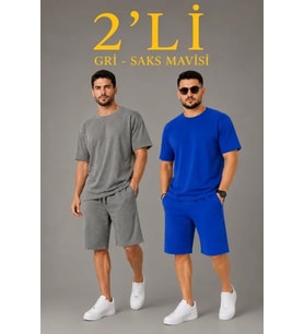 Erkek 2’li Oversize Tişört Şort Takım Seti Yazlık İki İplik Kumaş - Gri, Saks Mavisi