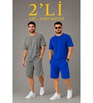 Erkek 2’li Oversize Tişört Şort Takım Seti Yazlık İki İplik Kumaş - Gri, Saks Mavisi