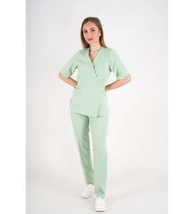 Çağla Yeşili Elegant Model Cerrahi Üniforma Belden Bağlamalı Scrubs Takım