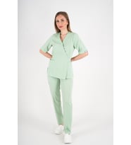 Çağla Yeşili Elegant Model Cerrahi Üniforma Belden Bağlamalı Scrubs Takım