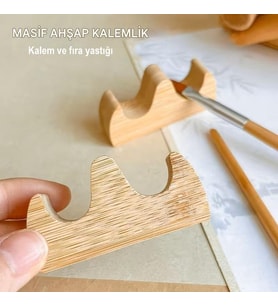 Kalem Yastığı Ahşap 2 yuvalı-kalem tutucu, fırça tutucu, fırça standı, fırçalık-Ahşap 1 Adet