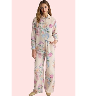 Kadın Çiçekli Desenli Oversize Keten Görünümlü Gömlek Polyester Günlük Kullanım Hafta Sonu (Pudra)