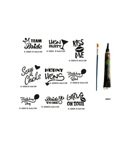 Parti ve Bekarlığa Veda Desenleri Tüp Kına ve Fırça hediyeli Tattoo Geçici Dövme Seti