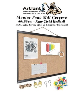 Mantar Pano Mdf Çerçeve 60x90 cm 1 Adet Harita Çivisi Hediyeli Duvara Monte Mantar Çerçeve Evde Okulda Büroda Ofiste