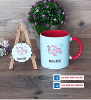Anneler Günü Hediyesi Kupa Bardak Kırmızı ve Ahşap Anahtarlık Hediye (Model 1)