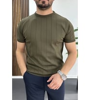 Erkek Bisiklet Yaka Çizgili Tişört Haki Edw456