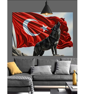 Türk Bayrağı Kurt Figürü Dekoratif Kanvas - Mdf Ahşap Tablo