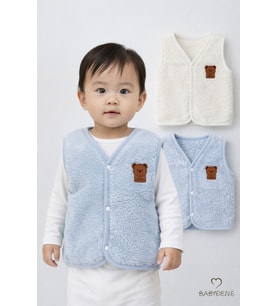 2’li Welsoft Yelek Seti Erkek Bebek & Çocuk Peluş Yumuşak Kışlık Bebek Yeleği, Çıtçıtlı, Günlük (Ekru-Mavi)