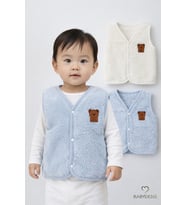 2’li Welsoft Yelek Seti Erkek Bebek & Çocuk Peluş Yumuşak Kışlık Bebek Yeleği, Çıtçıtlı, Günlük (Ekru-Mavi)