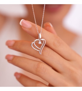 925 Ayar Radyum Kaplama Swarovski  Tek Taşlı Kalp Gümüş Kolye