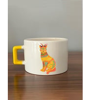 Sarı Kedi Baskılı Sarı Kulplu C Kupa (Beyaz)
