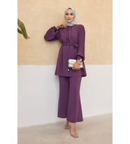 Kolları Piliseli Pantolon Tunik Takım - Leylak