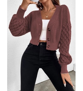 V Yaka Örgü Desenli Triko Crop Tarçın Hırka