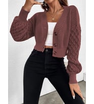 V Yaka Örgü Desenli Triko Crop Tarçın Hırka