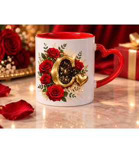 AION CASA C Harfli Kırmızı Gül Desenli Kalp Kulplu Kupa Bardak 325 ml