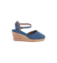 Gerçek Elişi Topuğu Açık Bilekten Bantlı Dolgu Topuk Keten Hasır Espadril Handmade (Mavi)
