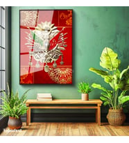 Siyah Renk Metal Çerçeveli Tamperli Cam Tablo Kırmızı Zemin Üzerine Devlet Arması Osmanlı Tablosu Duvar Dekoru