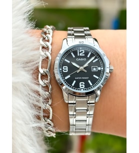 Casio Çelik Kordon,Gümüş Renk,Siyah Kadran, Kadın Kol Saati+Bileklik
