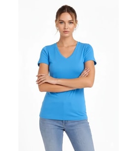 T-Shirt V Yaka Slim Fit Likralı Tişört Günlük Basic Body - Açık Mavi