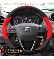 Seat Leon MK3 Dikme Direksiyon Kılıfı Parlak Siyah Kırmızı Detaylı Kırmızı Çift Yüzük ve Dikiş 2012-2016