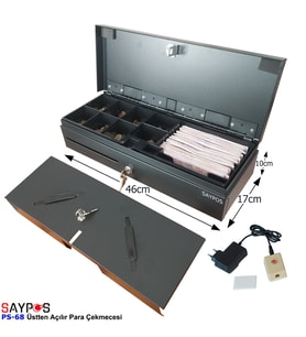 Kolay Açma Butonlu Flip Top Para Çekmecesi Anahtarlı Üstü Açılır Metal Para Kasası 46x17x10cm