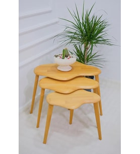 Doğal Ahşap Zigon Sehpa, Masif 3'lü Set, Modern Masif Yan Sehpa (Naturel)