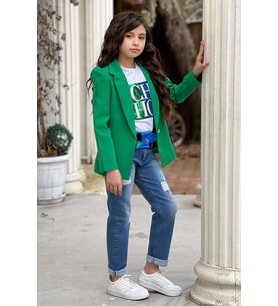 Kız Çocuk Üzeri Harf Pulpayet Tişört ve Jean Yeşil Blazer Ceket Alt Üst Takım