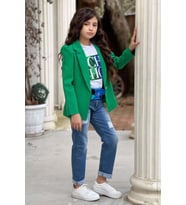 Kız Çocuk Üzeri Harf Pulpayet Tişört ve Jean Yeşil Blazer Ceket Alt Üst Takım