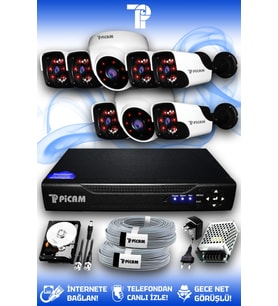 PICAM 8 Kameralı Panda 2 İç Kamera Set 1 TB HDD Full HD Gece Görüşlü Güvenlik Kamerası Sistemi