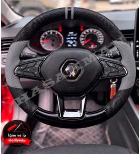 Renault Captur 2 Dikme Direksiyon Kılıfı Delikli Deri Parlak Siyah Gri Detay Çift Yüzük ve Dikiş 2019-2024