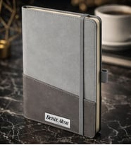 BK Gift Kişiye Özel Gri Termo Deri Defter -18, Kartvizit Bölmeli, Çizgili Ivory Kağıt