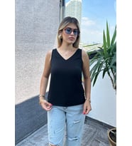 Kadın V Yaka Siyah Sıfır Kol Bluz