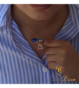 Kedi Kolye, Turkuaz Taşlı Kedi Kolye, Balık Yemeyi Hayal Eden Kedi Gümüş Kolye, Rose Gold Kaplama