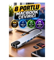 Shaza 8 Portlu Type-C Hub MacBook Çevirici HDMI 4K USB 3.0 SD TF Kart Okuyucu Ethernet Adaptör