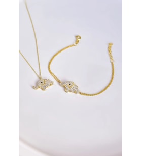 925 Ayar Gümüş Zirkon Taşlı Fil Kolye Ve Bileklik Set (Gold)