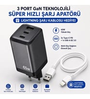 SChitec 65W GaN 3 Çıkışlı Hızlı Şarj Başlığı ve 67W UsbA to Lightning ve Hızlı Şarj Kablosu HEDİYE