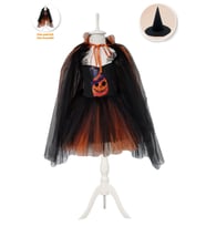 Kuyruklu Bal Kabağı Tül Kollu Cadı Kostümü + Cadı Şapkası, Cadılar Bayramı Kostümü Halloween Cosplay (Karışık)