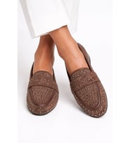 Mery Ceyn Taşlı Küt Kare Loafer Şık Babet (Acı Kahve)