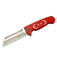 4-27 Kırmızı Tanto Kamp Çakı 21cm - Yarı Otomatik, Kemerlikli, Ay-yıldız Baskılı Sap