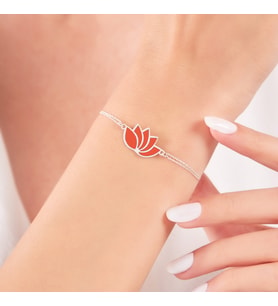 925 Ayar Gümüş Mineli Turuncu Renk Lotus Tasarımlı Kadın Bileklik