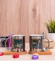 Kişiye Özel Kalp Detaylı Fotoğraflı İkili Ahşap Altlıklı Silver Kupa